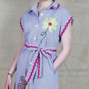 Lalipop Pinstripe Cotton Shirtdress With Flower Embroidery, size L